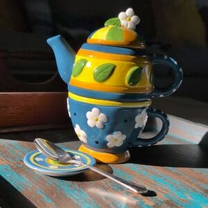 Cute Floral Blue & Yellow Ceramic Teapot Set